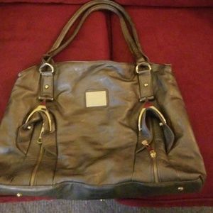 Women's gray purse with gold accents